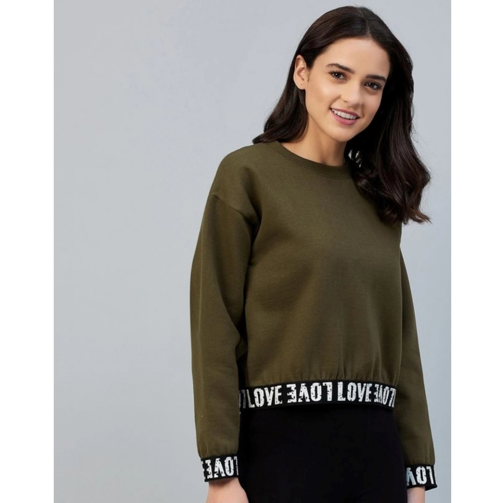 Fleece Solid Long Sleeves Sweatshirt (Olive) - Image 3