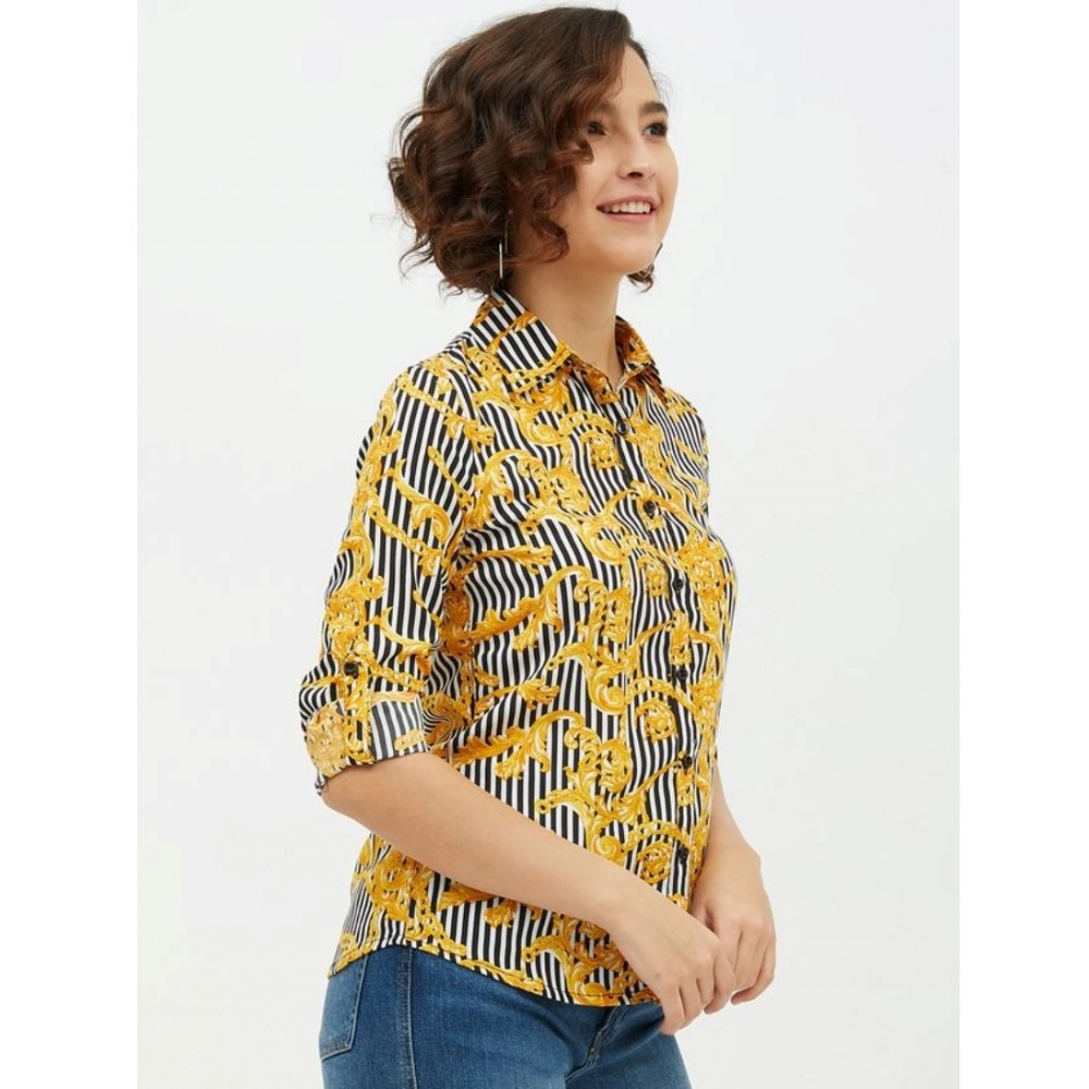Polyester Printed Roll Up Sleeve Standard Length Shirt (Mustared) - Image 4