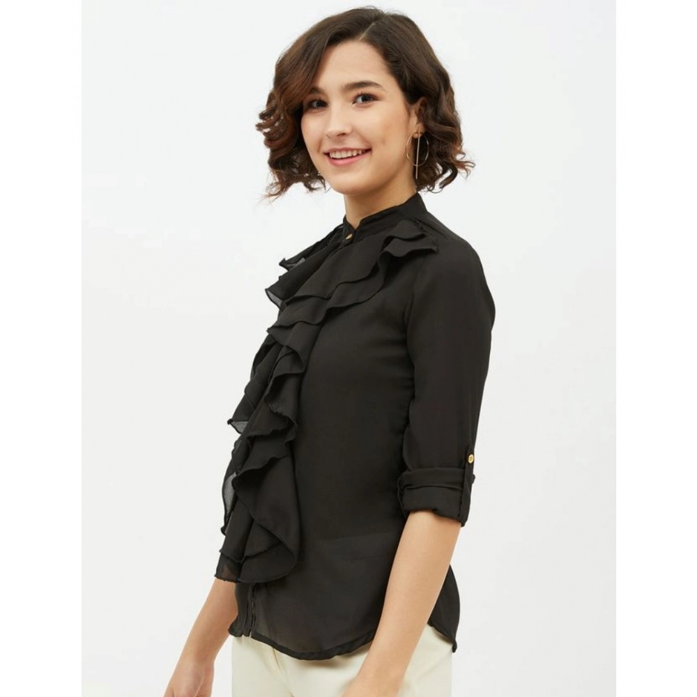 Polyester Ruffled Long Sleeves Standard Length Shirt (Black) - Image 3