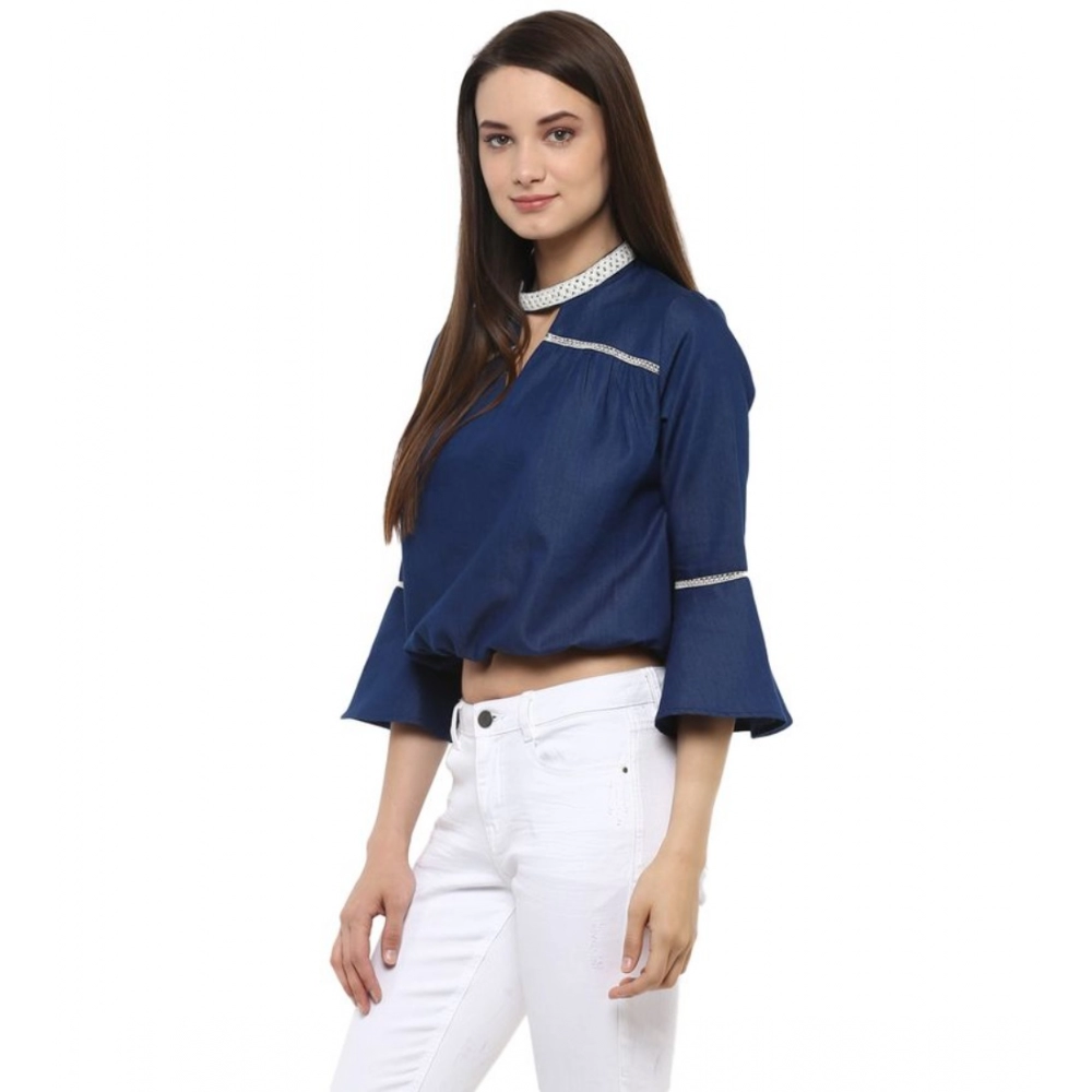 Polyester Solid Bell Sleeve Regular Top (Blue) - Image 3