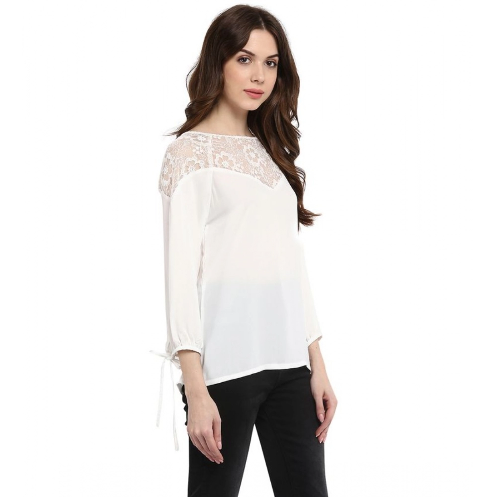 Polyester Georgette Self Design 3-4th Sleeves Regular Top (White) - Image 5