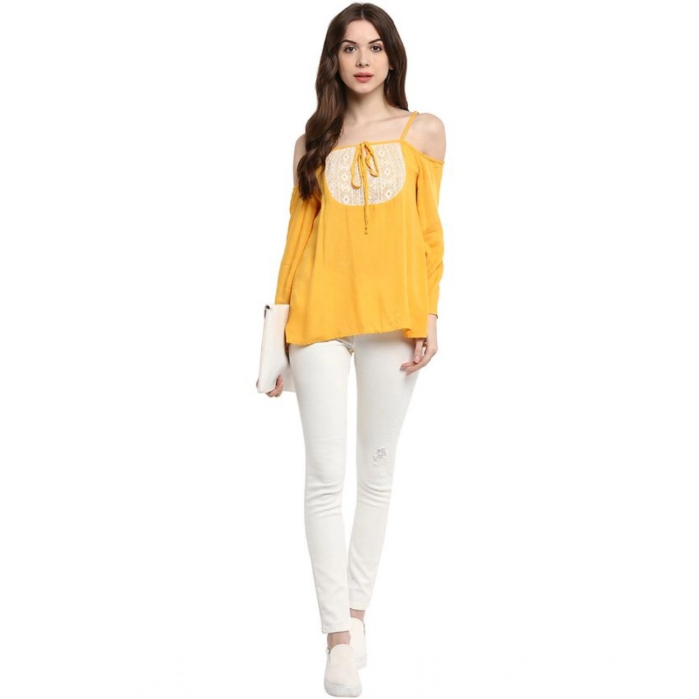 Rayon Embellished Cold Shoulder Regular Top (Mustard Yellow) - Image 6
