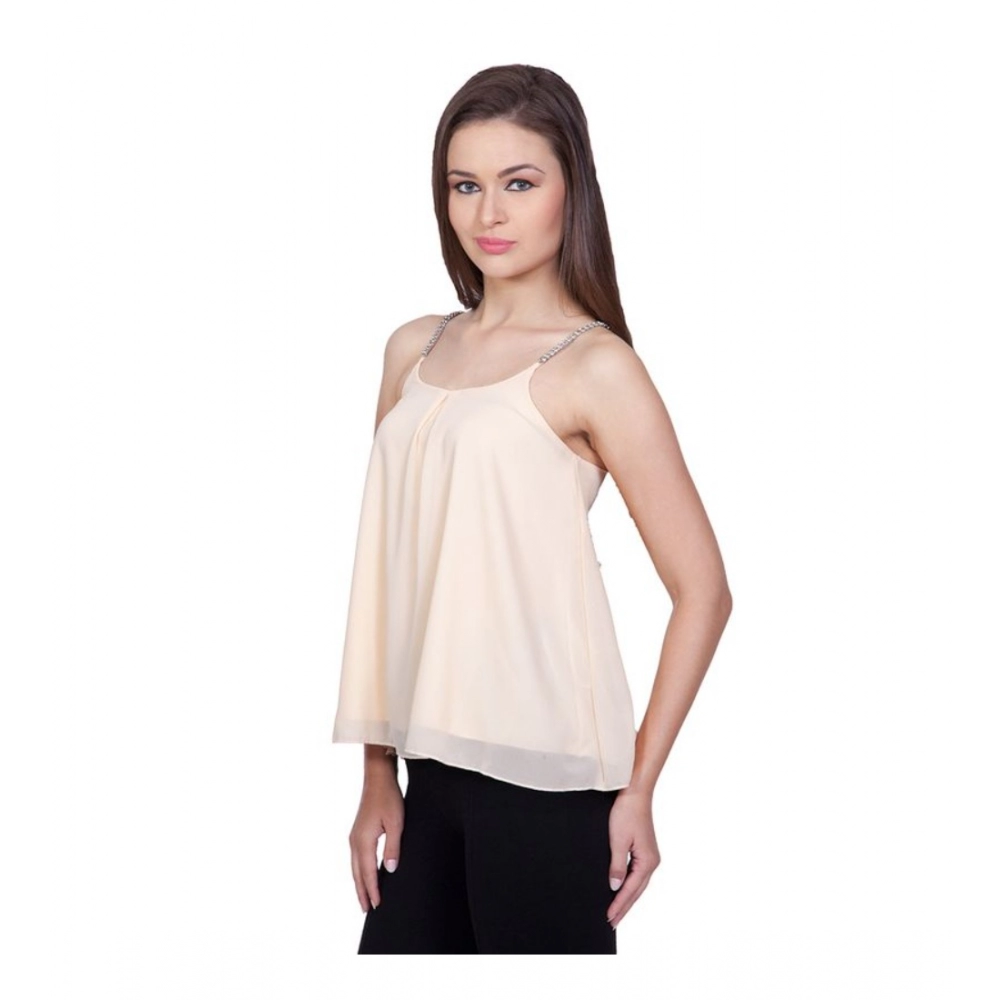 Polyester Solid Shoulder Straps Regular Top (Beige) - Image 3