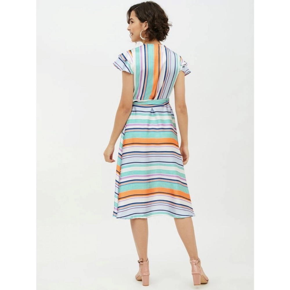 Satin Striped Short Sleeve Knee-Length Dress (Multicolor) - Image 7