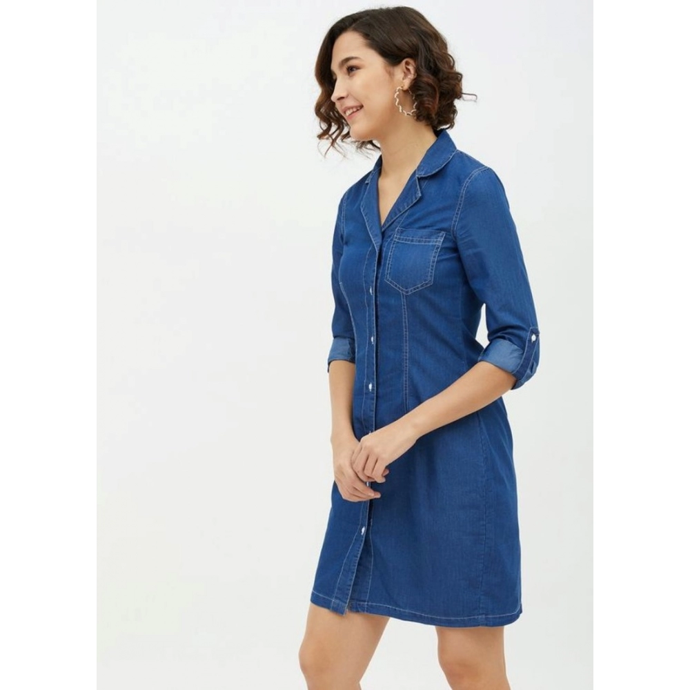 Denim Solid Long Sleeves Above Knee Dress (Blue) - Image 3