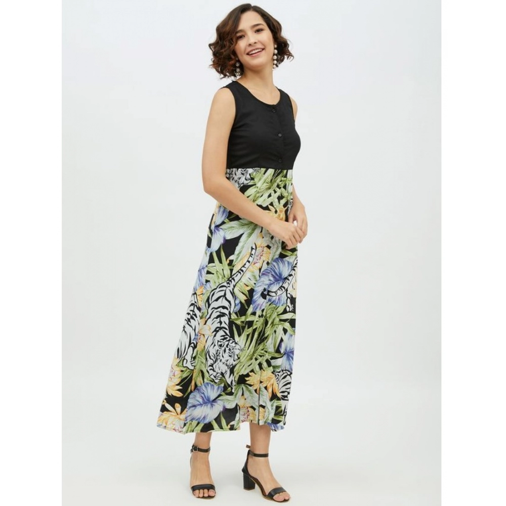 Rayon Floral Sleeveless Calf-length Dress (Multicolor) - Image 4