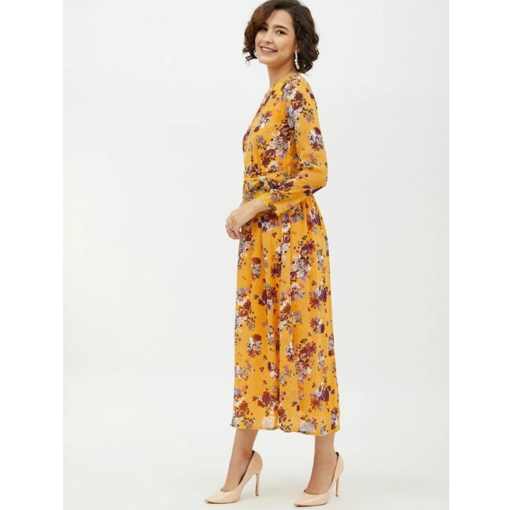 Polyester Floral Long Sleeves Calf-length Dress (Multicolor) - Image 3