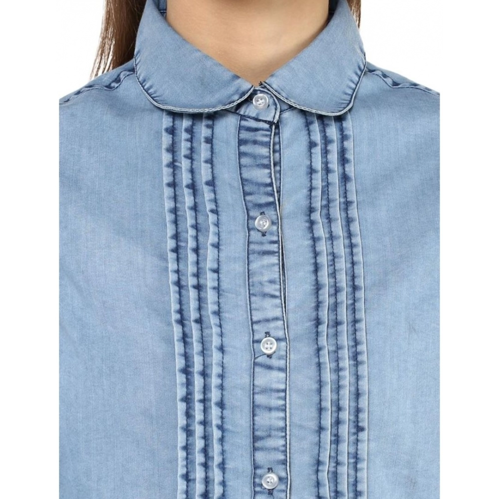 Denim Solid 3-4th Sleeves Standard Length Shirt (Blue) - Image 2