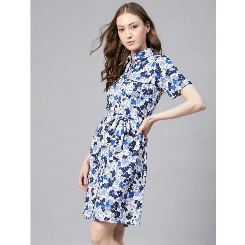 Polyester Floral Short Sleeve Above Knee Dress (Blue - White) - Image 4