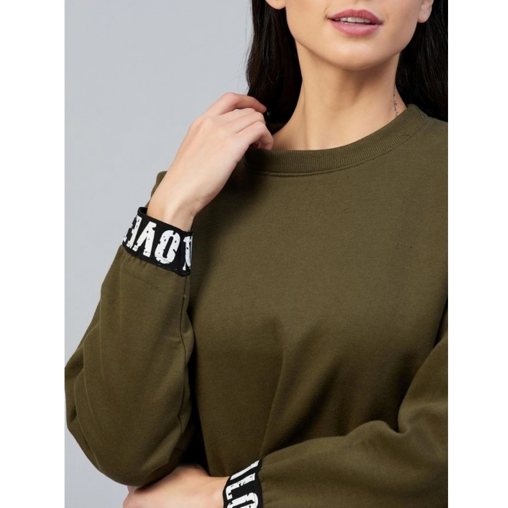 Fleece Solid Long Sleeves Sweatshirt (Olive) - Image 2