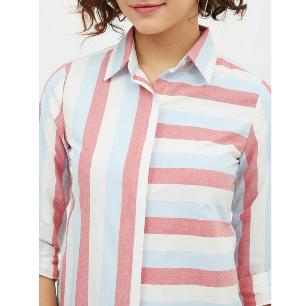 Cotton Striped Long Sleeves Standard Length Shirt (Pink) - Image 2