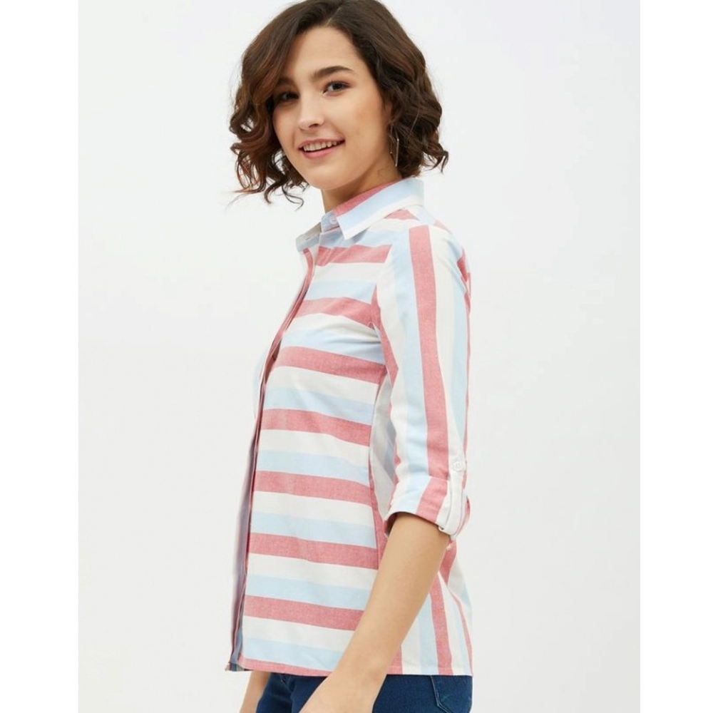 Cotton Striped Long Sleeves Standard Length Shirt (Pink) - Image 3
