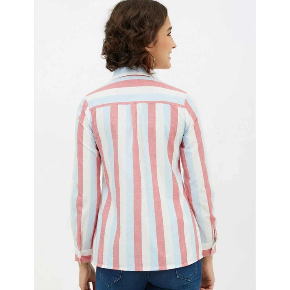 Cotton Striped Long Sleeves Standard Length Shirt (Pink) - Image 7