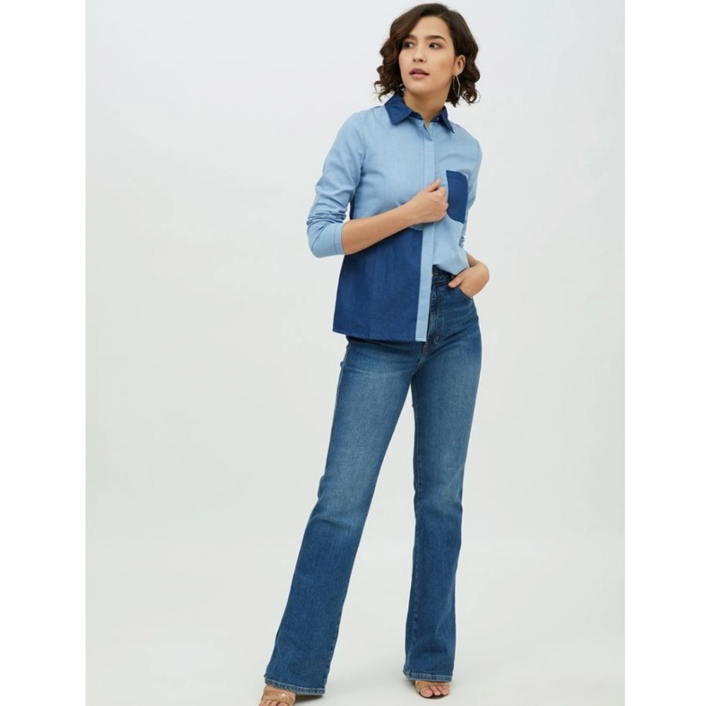 Denim Patch Work Long Sleeves Standard Length Shirt (Blue) - Image 6
