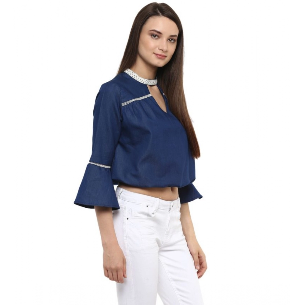 Polyester Solid Bell Sleeve Regular Top (Blue) - Image 5