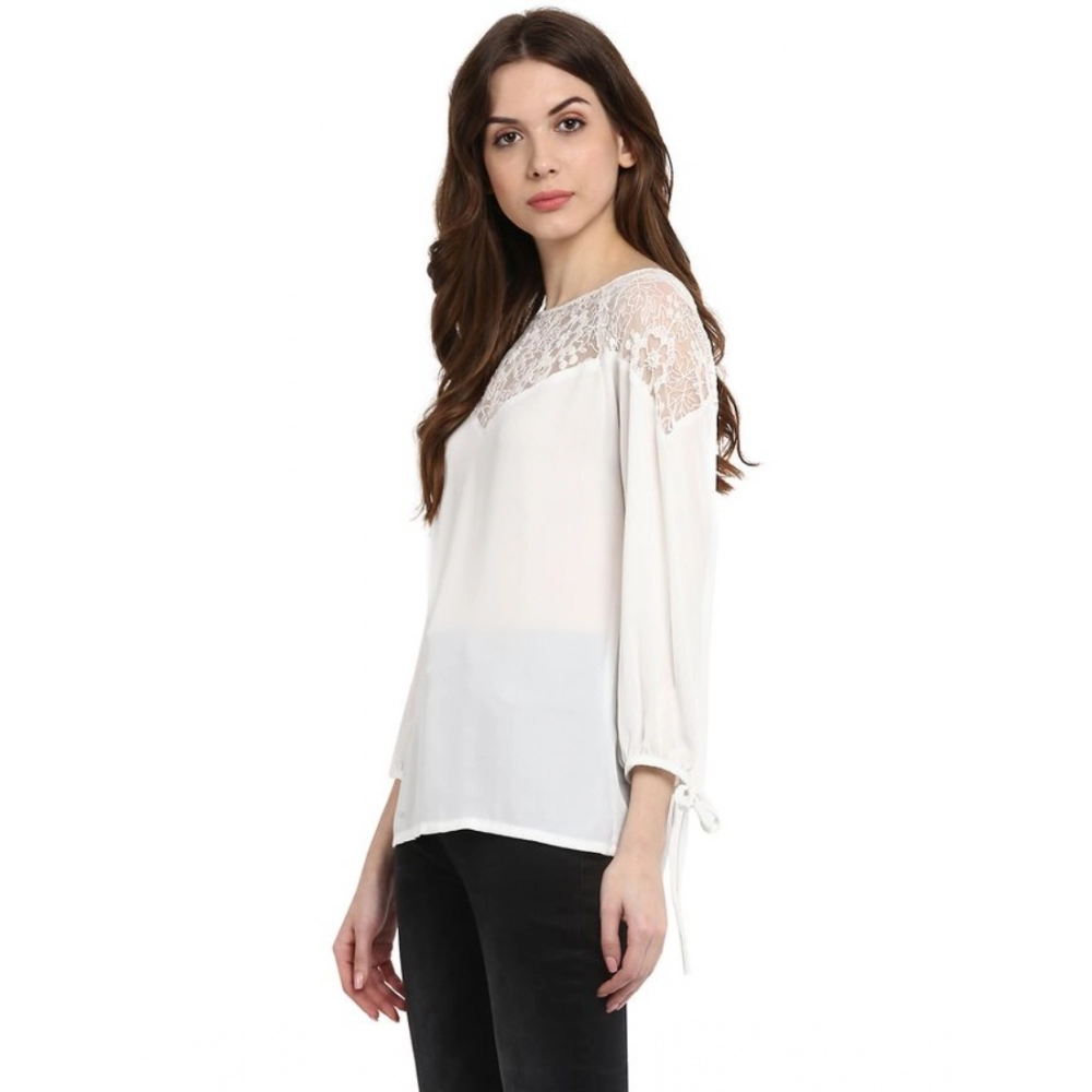 Polyester Georgette Self Design 3-4th Sleeves Regular Top (White) - Image 3