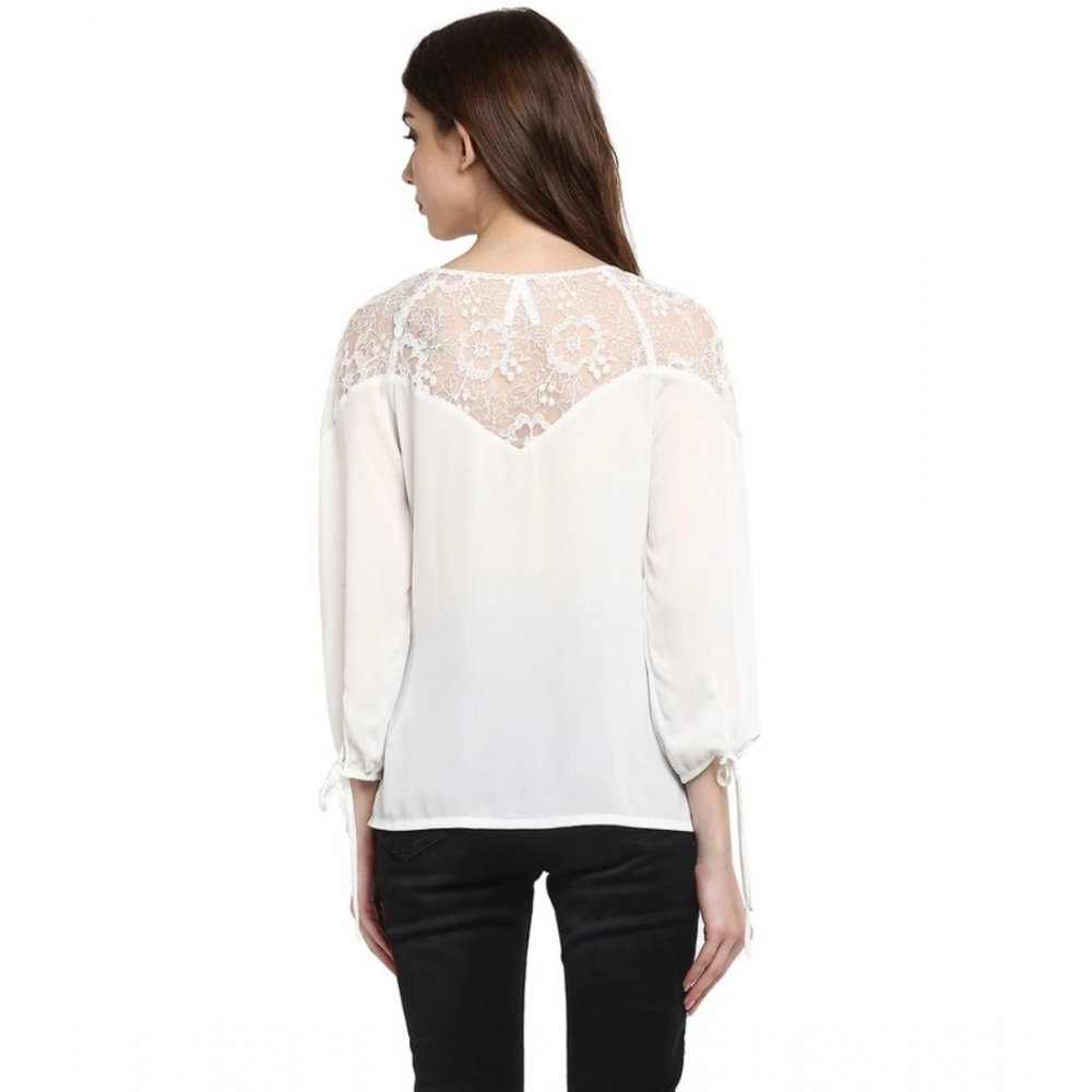 Polyester Georgette Self Design 3-4th Sleeves Regular Top (White) - Image 6