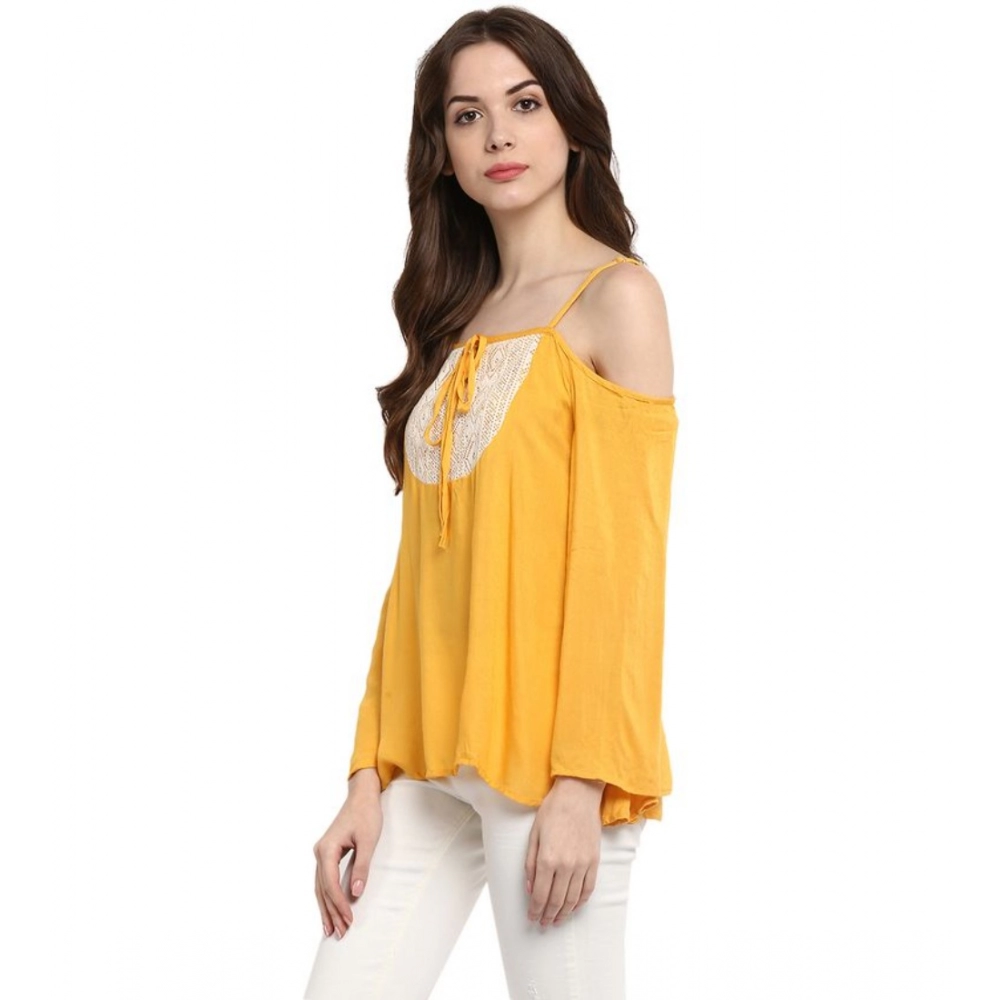 Rayon Embellished Cold Shoulder Regular Top (Mustard Yellow) - Image 3