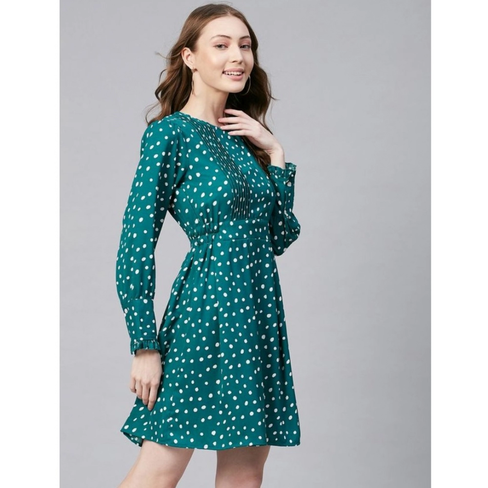 Polyester Polka Long Sleeves Above Knee Dress (Green - White) - Image 3