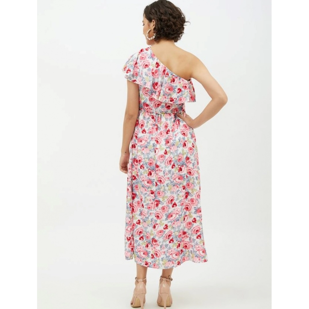 Polyester Floral One Shoulder Calf-length Dress (Multicolor) - Image 7