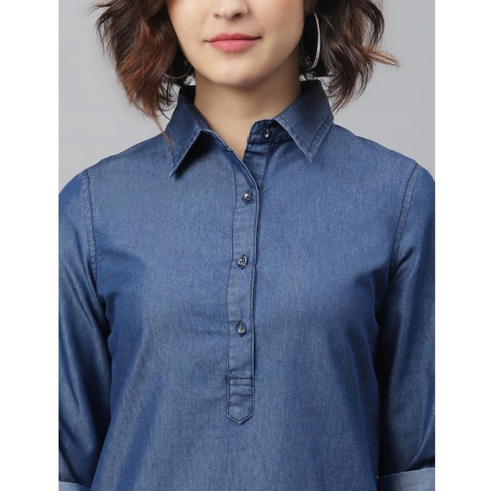 Denim Solid Long Sleeves Above Knee Dress (Navy Blue) - Image 2