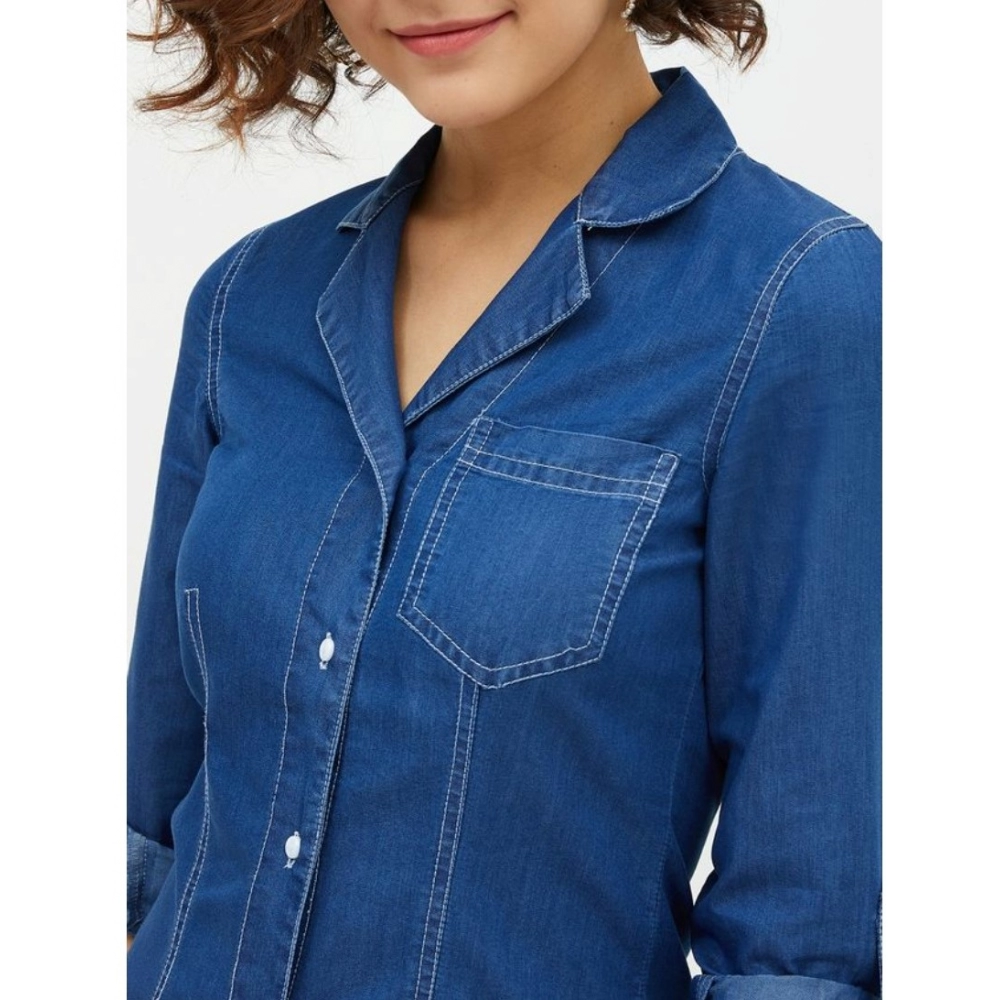 Denim Solid Long Sleeves Above Knee Dress (Blue) - Image 2