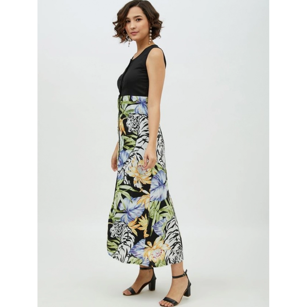 Rayon Floral Sleeveless Calf-length Dress (Multicolor) - Image 3
