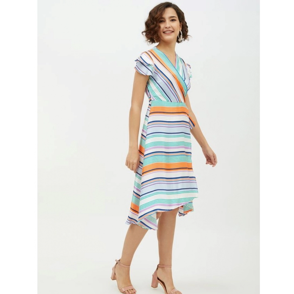 Satin Striped Short Sleeve Knee-Length Dress (Multicolor) - Image 4