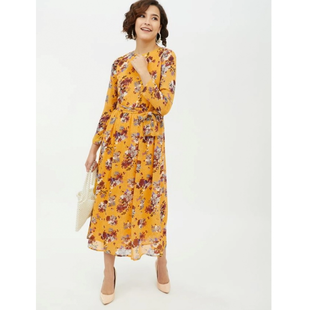 Polyester Floral Long Sleeves Calf-length Dress (Multicolor) - Image 6