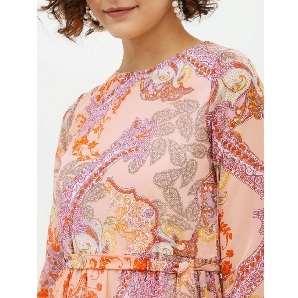Polyester Printed Long Sleeves Calf-length Dress (Multicolor) - Image 2
