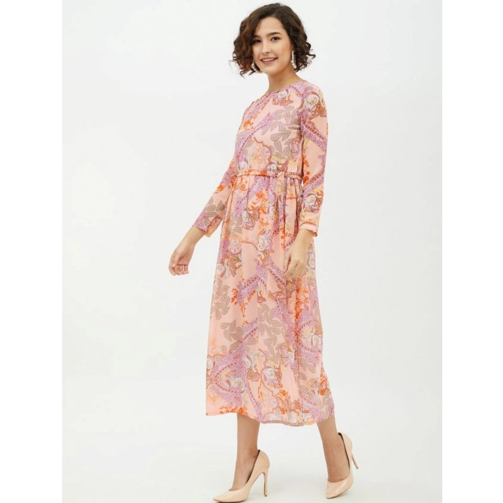 Polyester Printed Long Sleeves Calf-length Dress (Multicolor) - Image 3