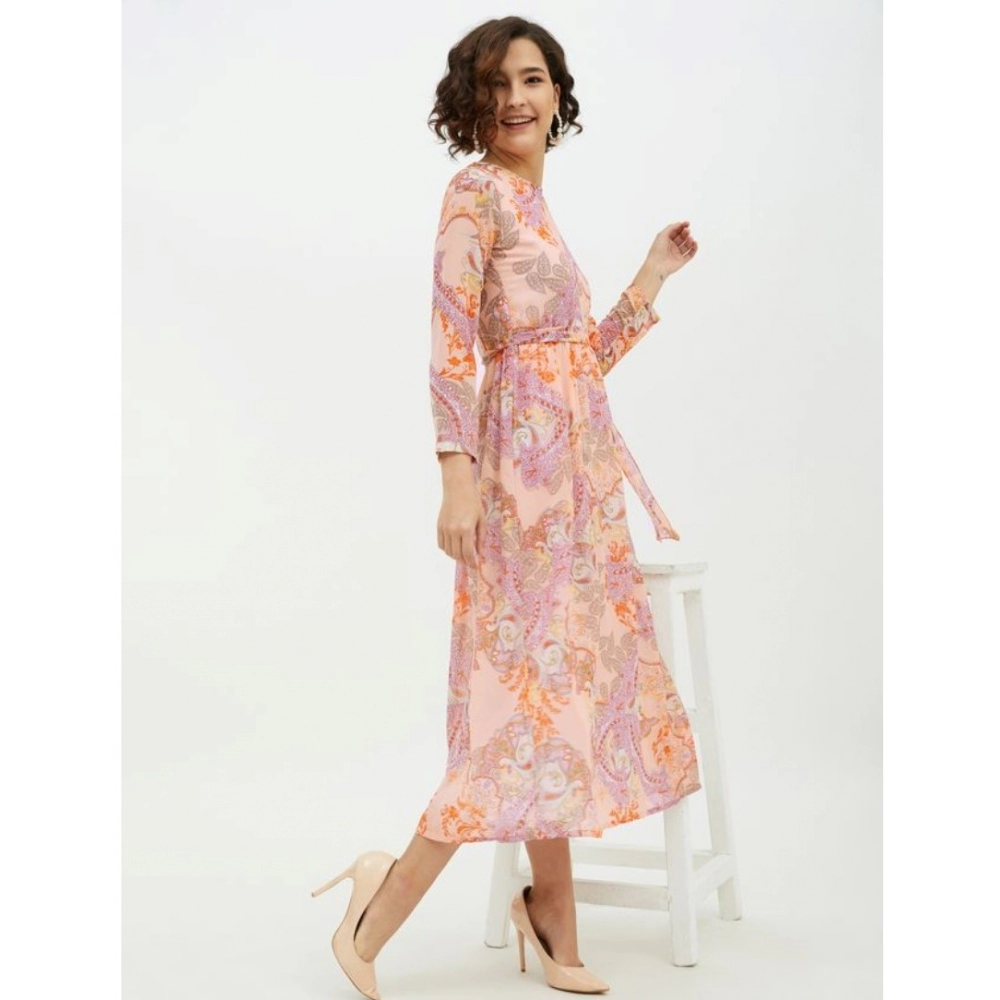 Polyester Printed Long Sleeves Calf-length Dress (Multicolor) - Image 6
