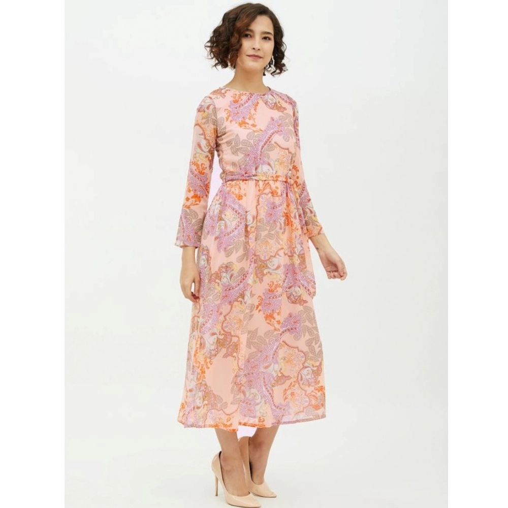 Polyester Printed Long Sleeves Calf-length Dress (Multicolor) - Image 4