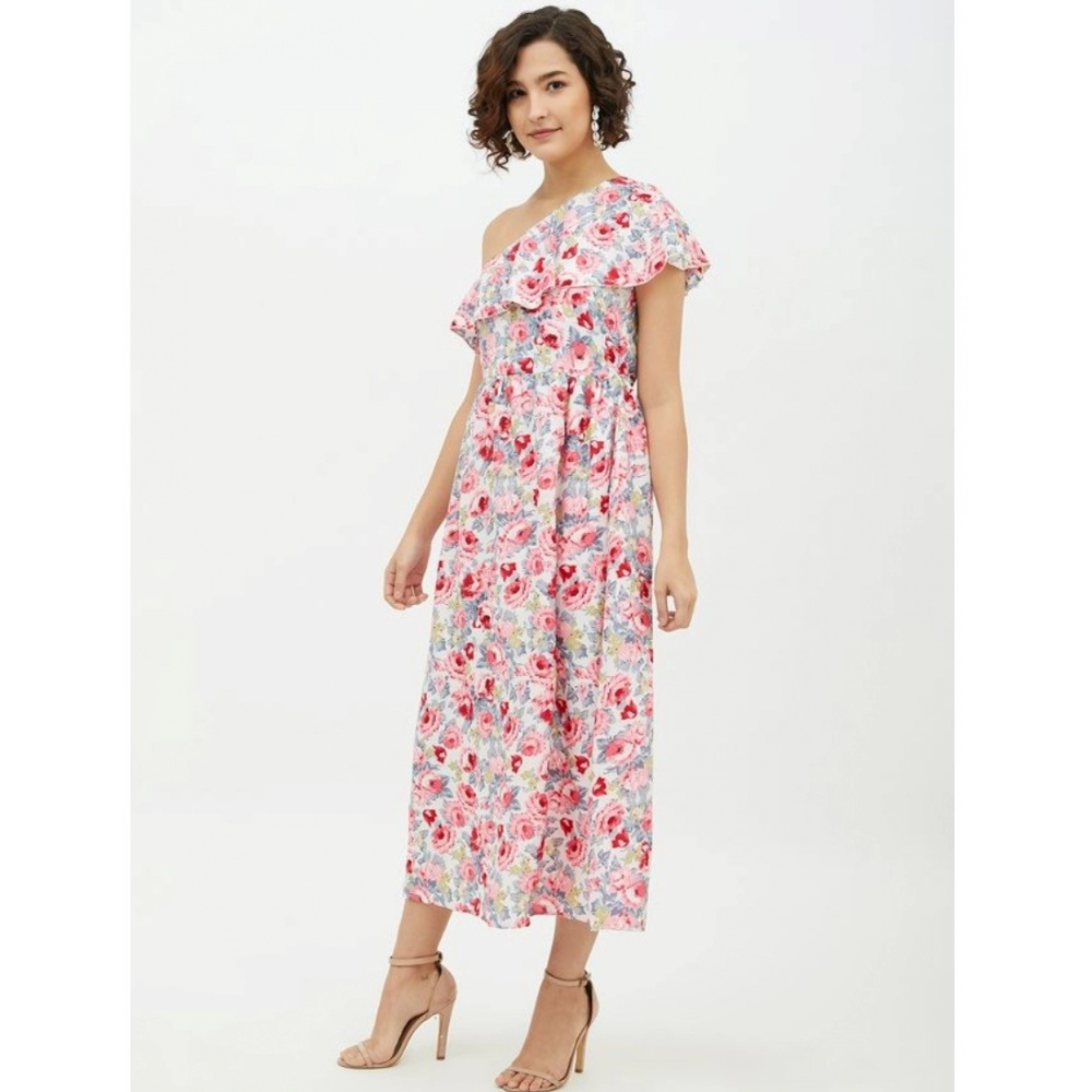 Polyester Floral One Shoulder Calf-length Dress (Multicolor) - Image 3
