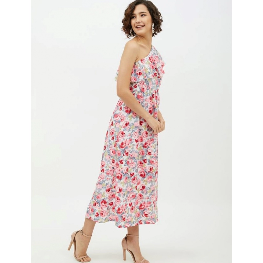 Polyester Floral One Shoulder Calf-length Dress (Multicolor) - Image 4