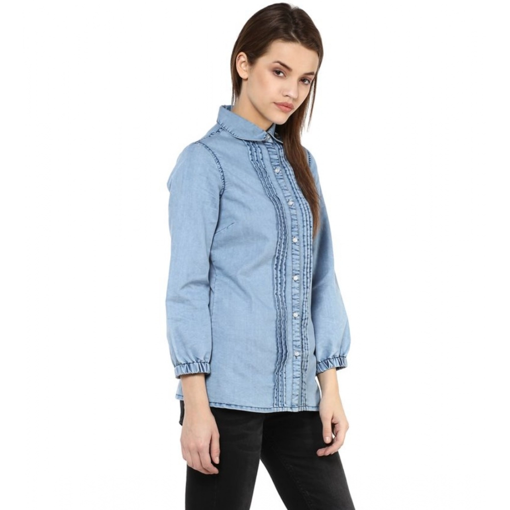 Denim Solid 3-4th Sleeves Standard Length Shirt (Blue) - Image 4
