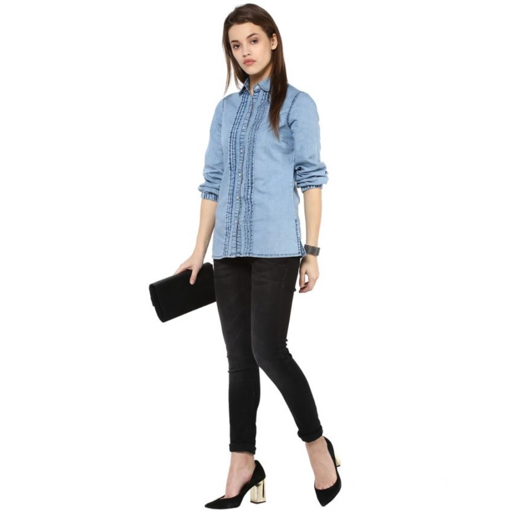 Denim Solid 3-4th Sleeves Standard Length Shirt (Blue) - Image 6