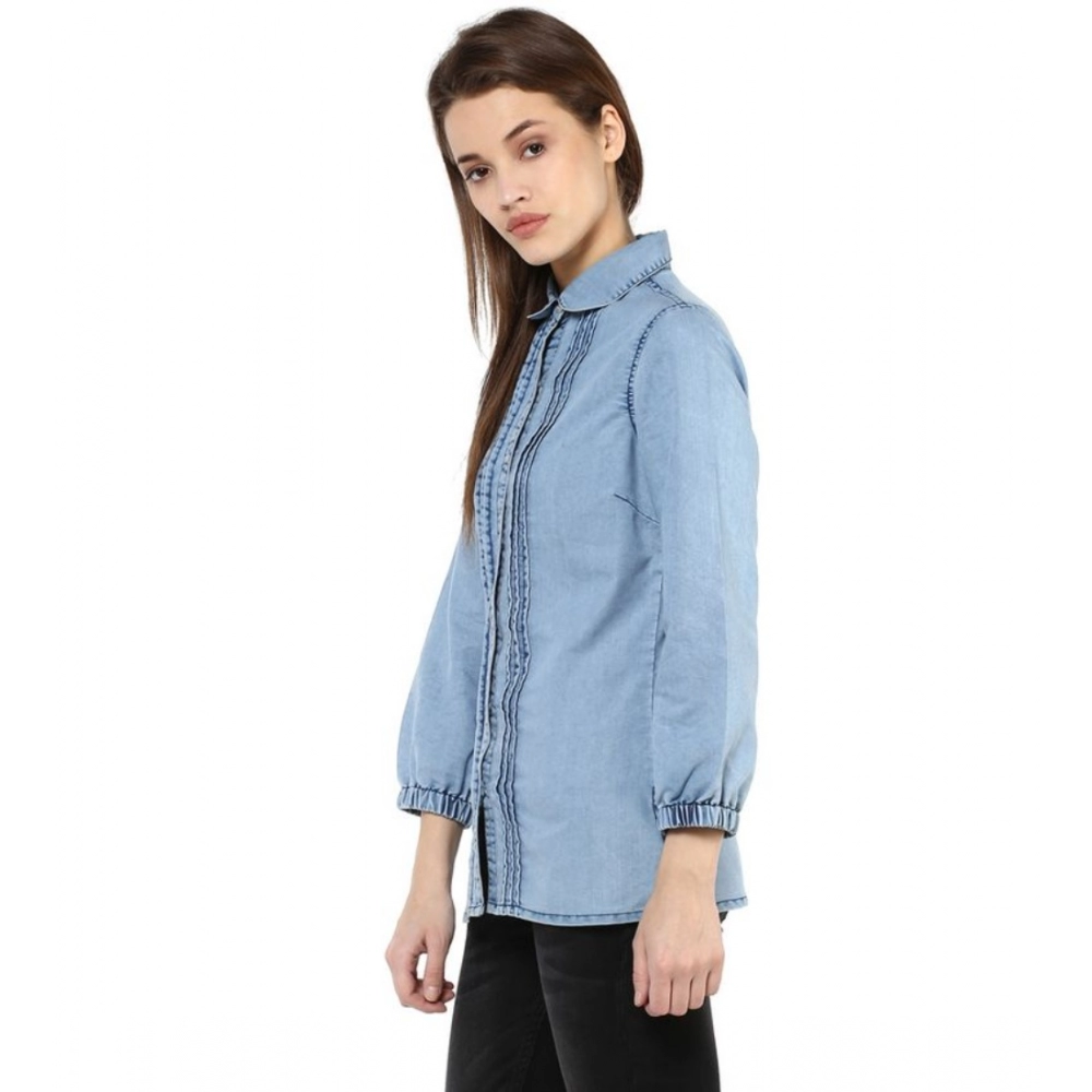 Denim Solid 3-4th Sleeves Standard Length Shirt (Blue) - Image 3