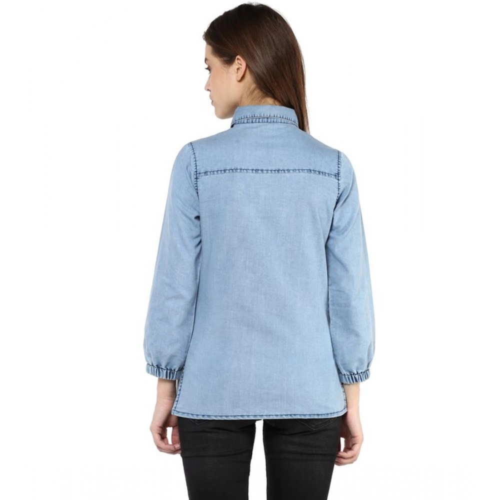 Denim Solid 3-4th Sleeves Standard Length Shirt (Blue) - Image 7
