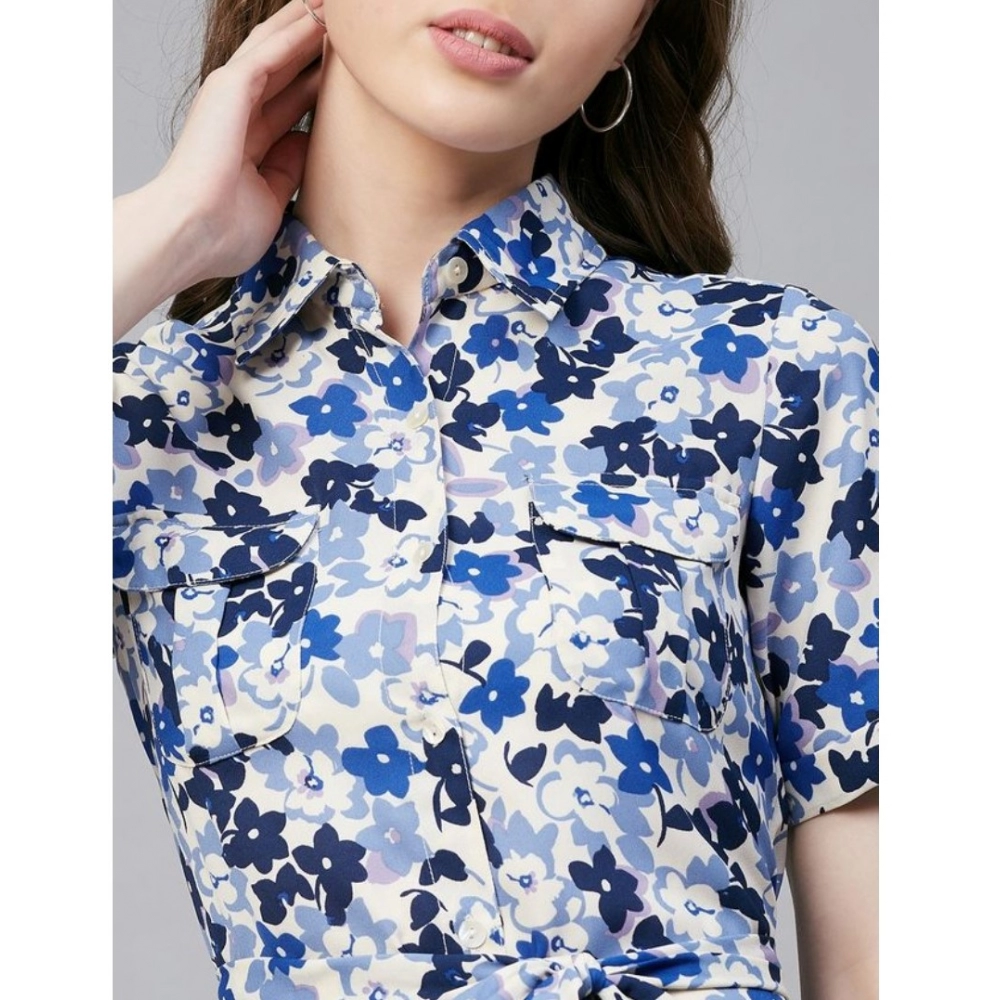 Polyester Floral Short Sleeve Above Knee Dress (Blue - White) - Image 2