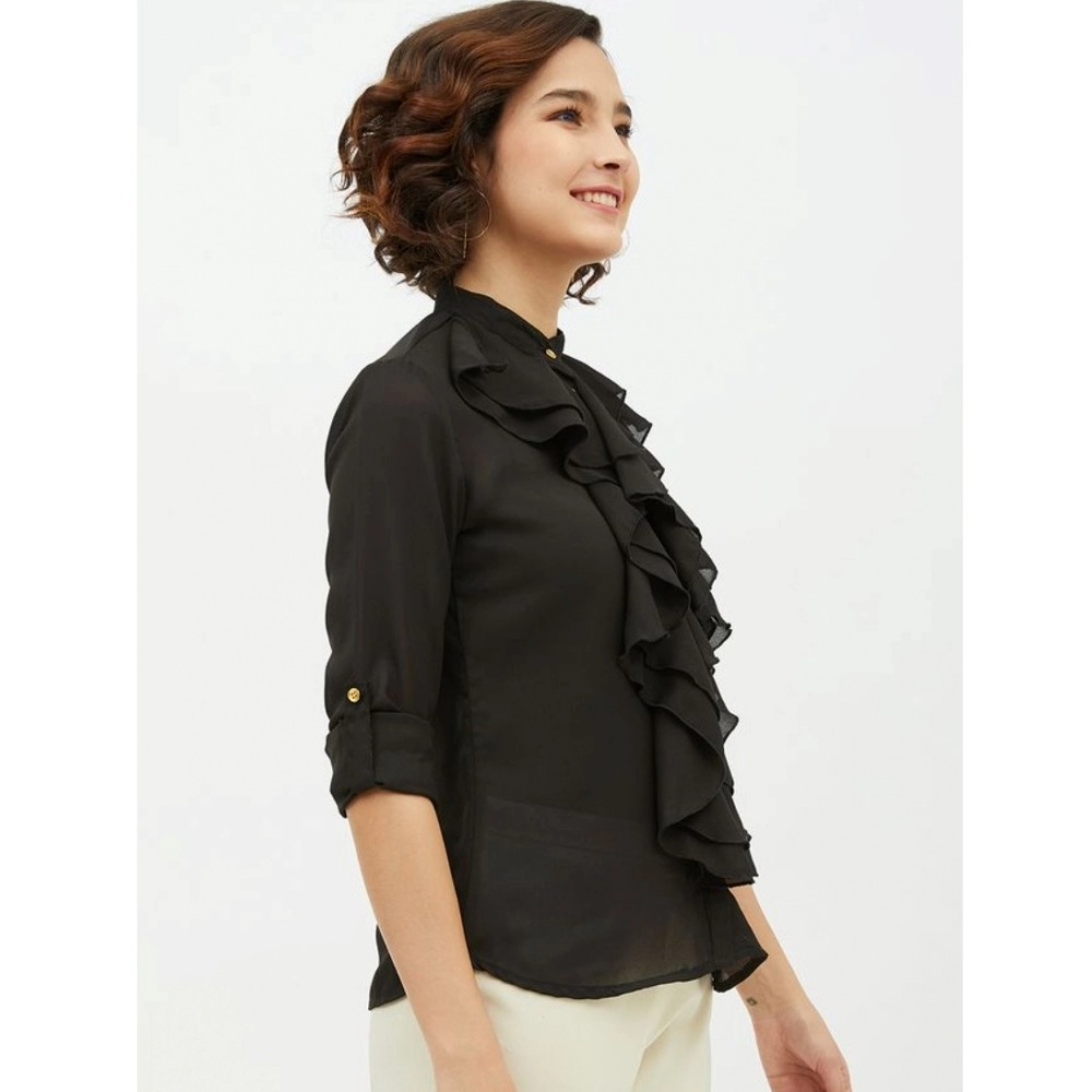 Polyester Ruffled Long Sleeves Standard Length Shirt (Black) - Image 4