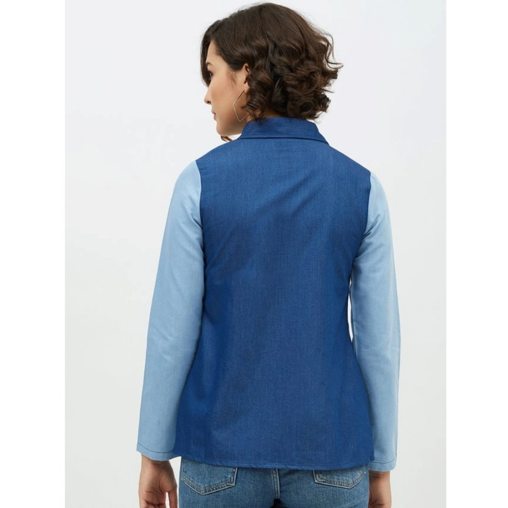 Denim Patch Work Long Sleeves Standard Length Shirt (Blue) - Image 7