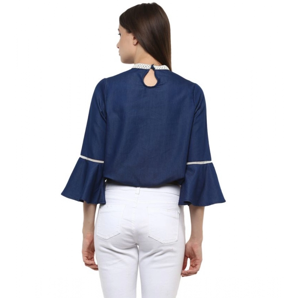 Polyester Solid Bell Sleeve Regular Top (Blue) - Image 6