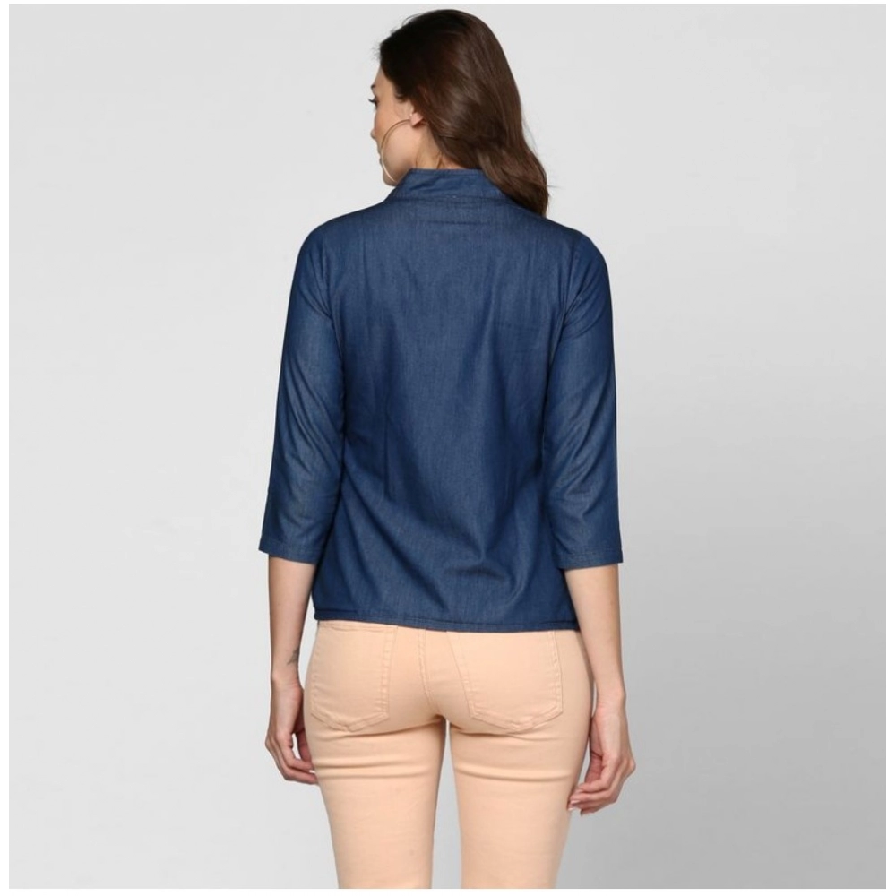 Denim Solid 3-4th Sleeves Top (Blue) - Image 6