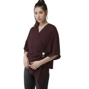 Polyester Solid Cape Sleeve Top (Maroon)