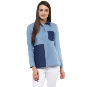 Denim Patch Work Long Sleeves Regular Top (Blue)