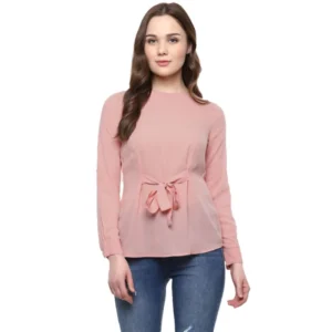 Polyester Solid Long Sleeves Regular Top (Pink)