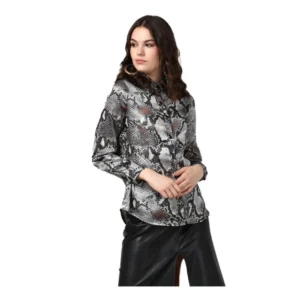 Satin Animal Print Long Sleeves Standard Length Shirt (Black - Grey)