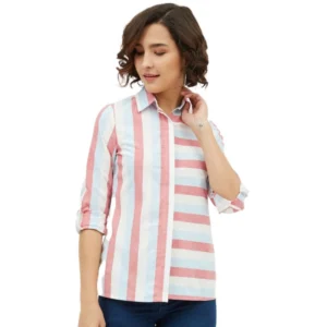 Cotton Striped Long Sleeves Standard Length Shirt (Pink)