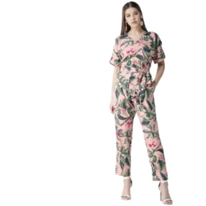 Polyester Floral Half Sleeve Jumpsuit (Pink)